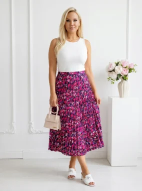 Fusta plisata midi cu imprimeu floral multicolor si talie elastica