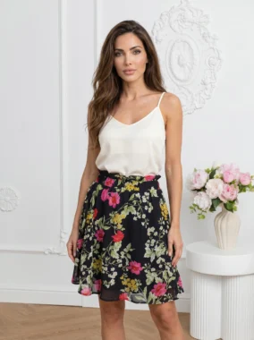 Fusta scurta cu imprimeu floral si talie elastica