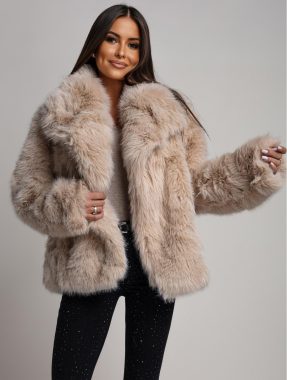 Geaca bej eleganta din blana cu guler amplu