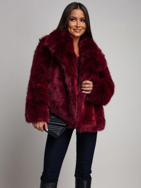 Geaca burgundy eleganta din blana cu guler amplu