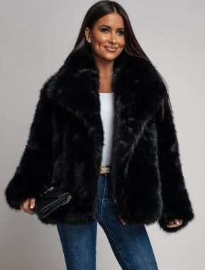 Geaca neagra eleganta din blana cu guler amplu