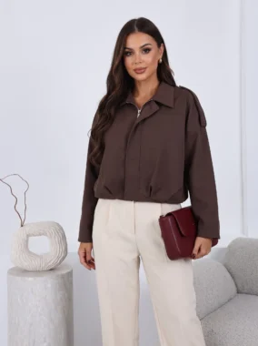 Jacheta eleganta maro cu guler clasic si fermoar