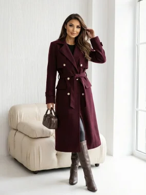 Palton bordo elegant cu cordon si nasturi aurii