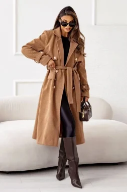 Palton camel elegant cu cordon si nasturi aurii