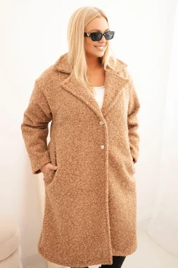 Palton camel elegant marime mare cu croi drept si nasturi decorativi