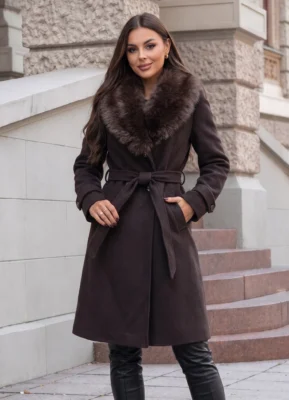 Palton elegant cu guler bogat din blanita si cordon in talie