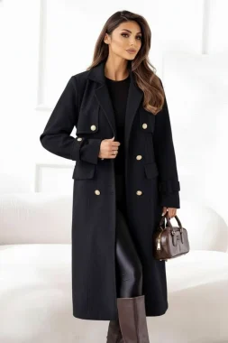 Palton negru elegant cu cordon si nasturi aurii