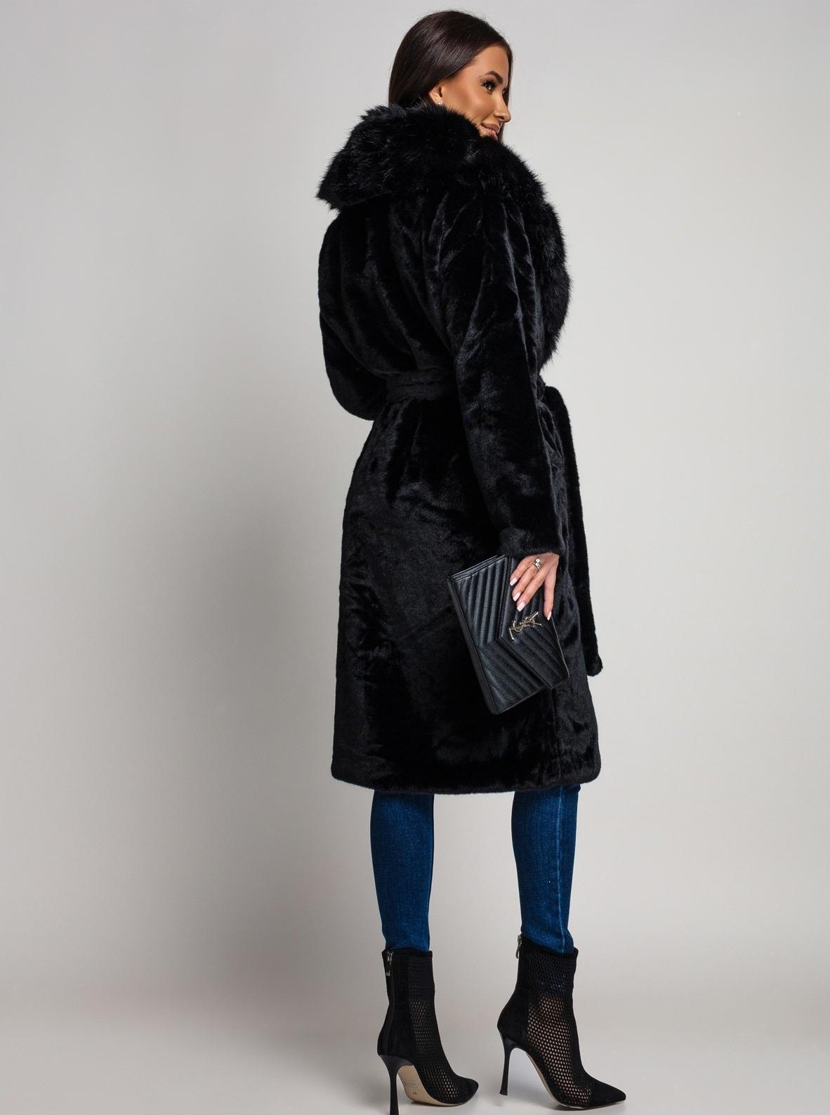 Palton negru elegant din blana a... - 2 | YEO