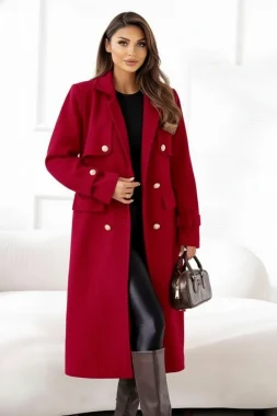 Palton rosu elegant cu cordon si nasturi aurii