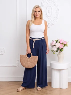 Pantaloni bleumarin din vascoza cu talie inalta si cordon