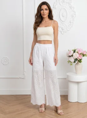 Pantaloni dama albi wide-leg cu broderie si talie elastica