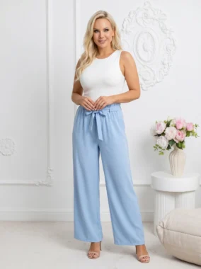 Pantaloni dama bleu lungi wide leg cu talie elastica si cordon