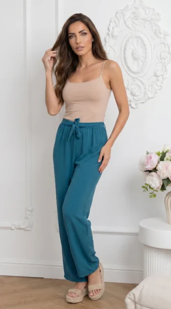 pantaloni-dama-evazati-albastru-marin-cu-cordon-si-talie-elastica