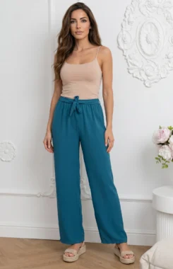 Pantaloni dama evazati albastru-marin din vascoza  cu cordon si talie elastica