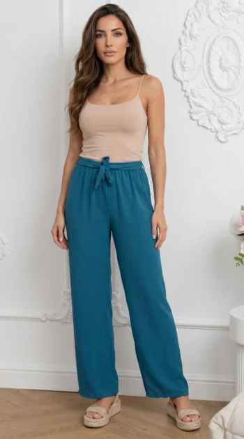 pantaloni-dama-evazati-albastru-marin-cu-cordon-si-talie-elastica