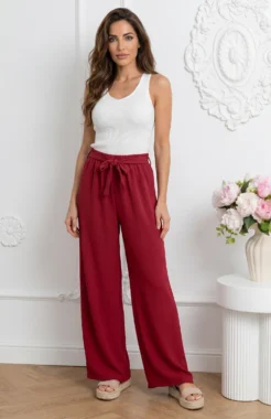 Pantaloni dama evazati bordo din vascoza cu cordon si talie elastica