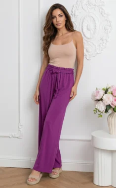 Pantaloni dama evazati mov-magenta din vascoza  cu cordon si talie elastica