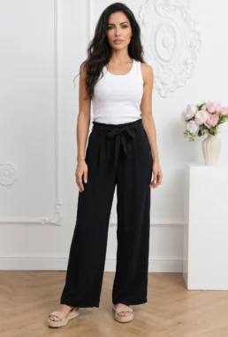 Pantaloni dama evazati negri din vascoza cu cordon si talie elastica