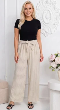 Pantaloni dama lungi bej wide leg cu dungi fine, talie elastica si cordon