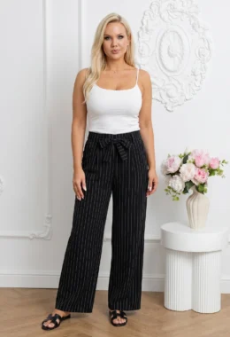 Pantaloni dama lungi wide leg negri cu dungi fine, talie elastica si cordon
