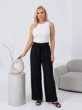 Pantaloni dama negri lungi wide leg cu talie elastica si cordon