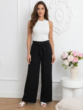 Pantaloni dama negri lungi wide leg cu talie elastica si cordon