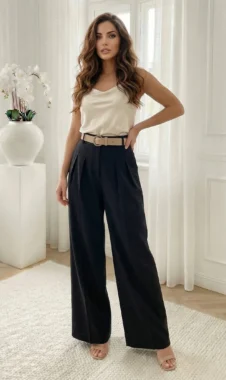 Pantaloni dama negri office cu croiala larga si talie inalta