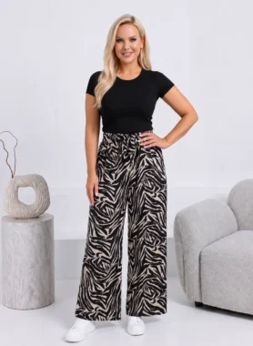 Pantaloni dama wide leg cu imprimeu alb-negru si talie elastica