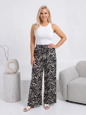 Pantaloni dama wide leg cu imprimeu alb-negru si talie elastica