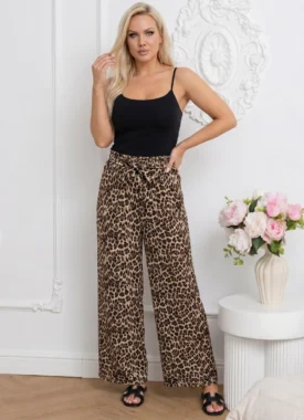 Pantaloni dama wide leg cu imprimeu leopard si talie elastica