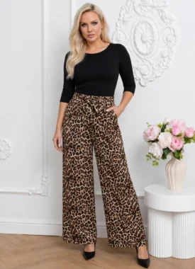 Pantaloni dama wide leg cu imprimeu leopard si talie elastica