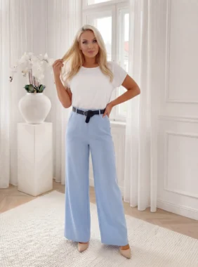 Pantaloni eleganti bleu cu talie inalta, croi larg tip palazzo