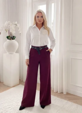 Pantaloni eleganti bordo cu talie inalta, croi larg tip palazzo
