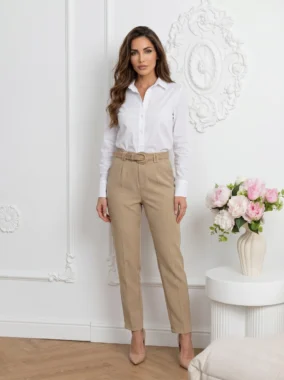 Pantaloni eleganti conici cu curea decorativa si talie inalta