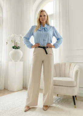 Pantaloni eleganti crem cu talie inalta, croi larg tip palazzo