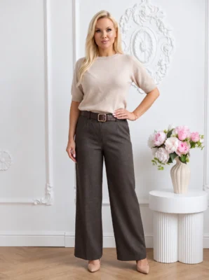 Pantaloni cu talie inalta din stofa fina cu curea inclusa