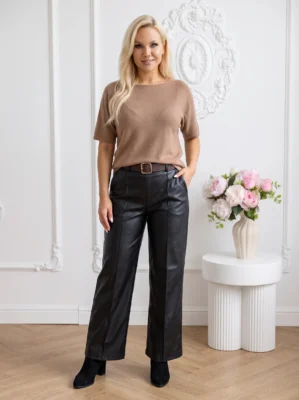 Pantaloni din piele ecologica cu talie inalta si curea inclusa
