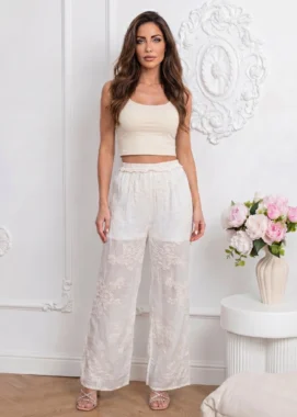 Pantaloni eleganti din dantela cu croiala larga si talie elastica