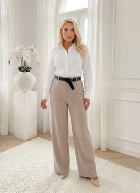 Pantaloni eleganti fango cu talie inalta, croi larg tip palazzo