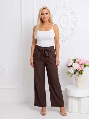 Pantaloni eleganti maro cu talie inalta si cordon