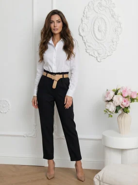Pantaloni eleganți negri damă cu talie înaltă și curea