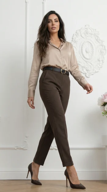 pantaloni-eleganti-maro-dama-cu-curea