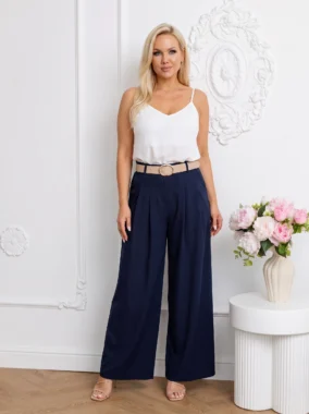 Pantaloni eleganti palazzo bleumarin cu curea