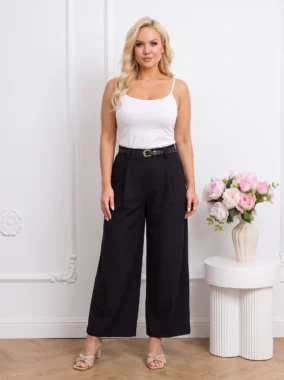 Pantaloni eleganți palazzo negri cu talie înaltă și curea