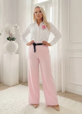 Pantaloni eleganti roz cu talie inalta, croi larg tip palazzo