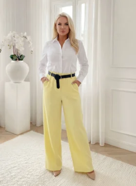 Pantaloni eleganti vanilla cu talie inalta, croi larg tip palazzo