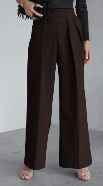 pantaloni-evazati-eleganti-cu-talie-inalta-elastica-maro-ciocolatiu