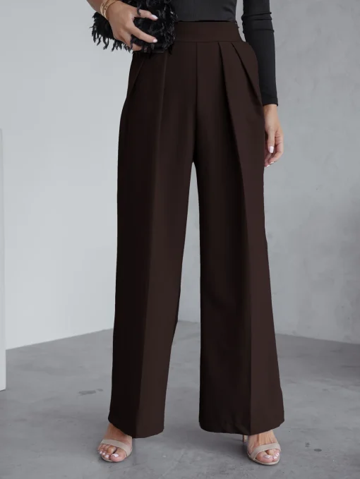pantaloni-evazati-eleganti-cu-talie-inalta-elastica-maro-ciocolatiu