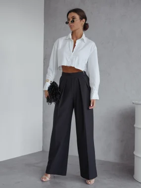 Pantaloni evazati eleganti cu talie inalta elastica negri