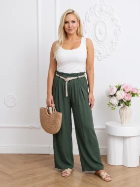 Pantaloni kaki din vascoza cu talie inalta si cordon